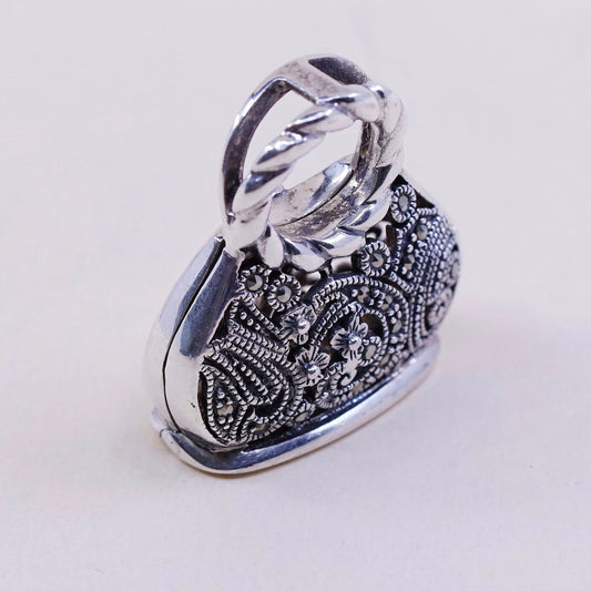 Vintage handmade sterling 925 silver handbag locket filigree charm pendant
