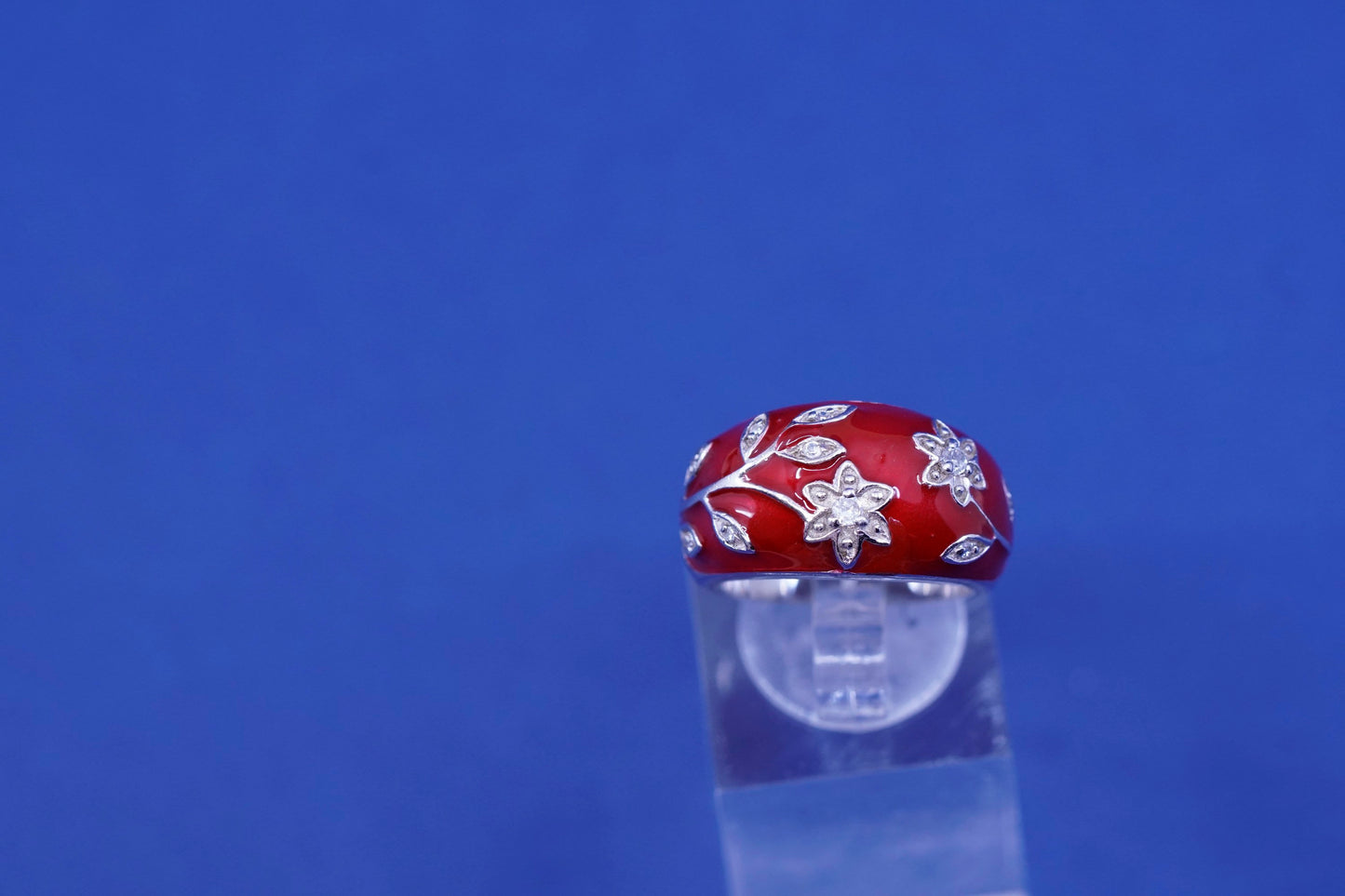 Size 6, vtg Sterling silver handmade ring, 925 red enamel band with flower Cz