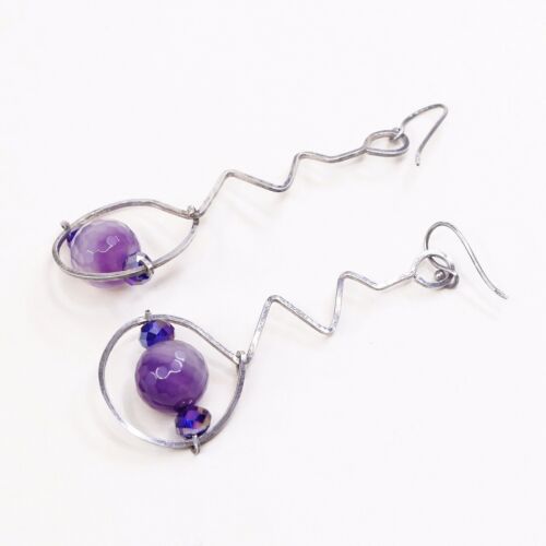 Vtg STERLING 925 SILVER Modern Handmade earrings with Fluorite dangles