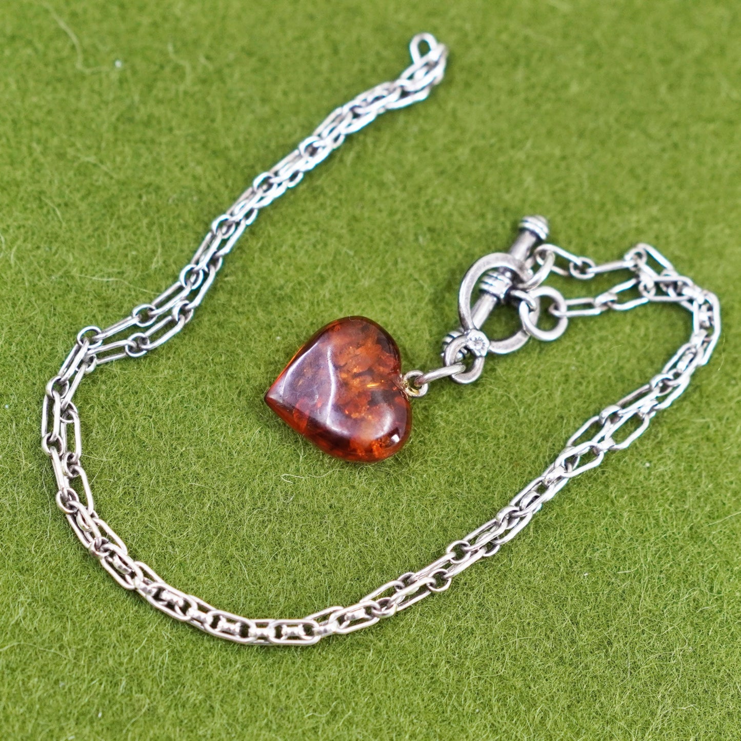 15”, Sterling 925 silver handmade elongated chain necklace amber heart pendant