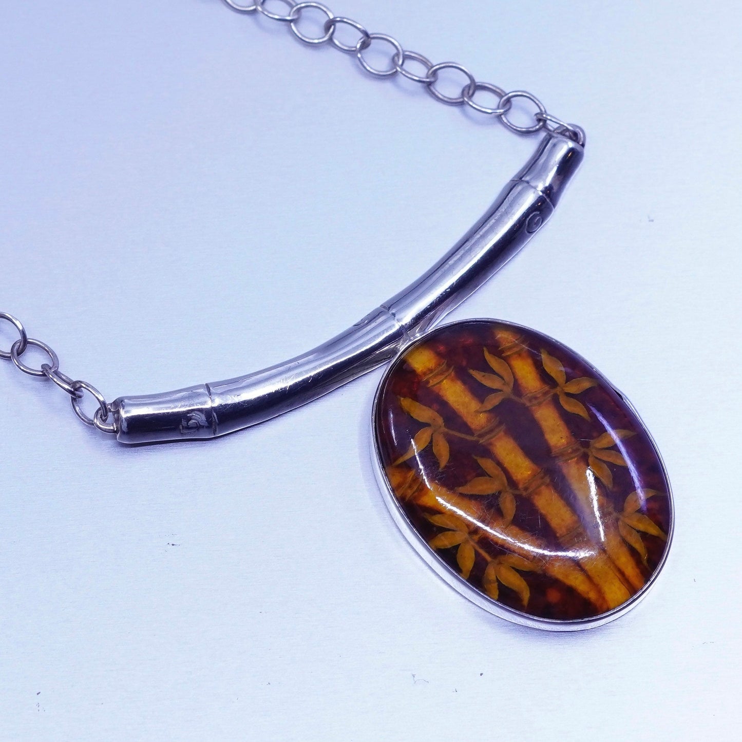 18”, ZIV sterling silver 925 necklace, circle chain carved bamboo amber pendant