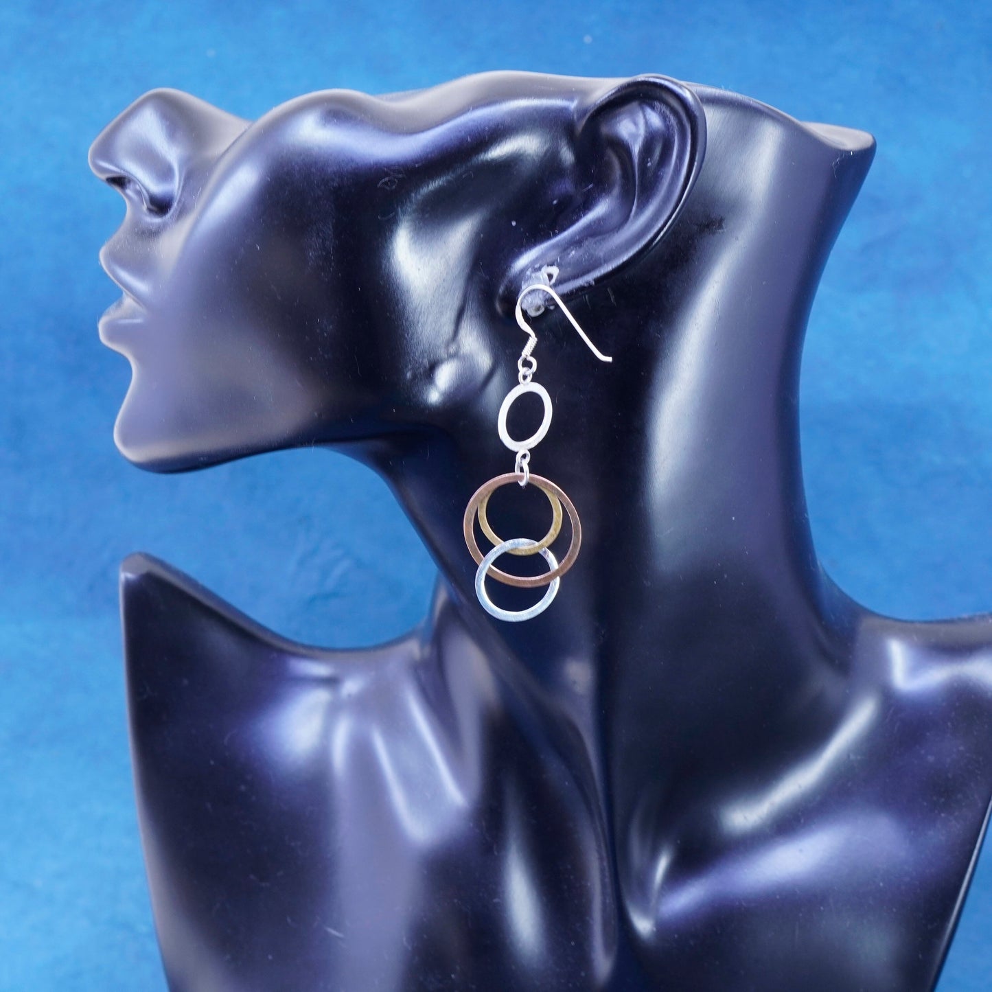 Vintage Sterling Silver handmade Earrings. 925 entwined flatten circle dangles