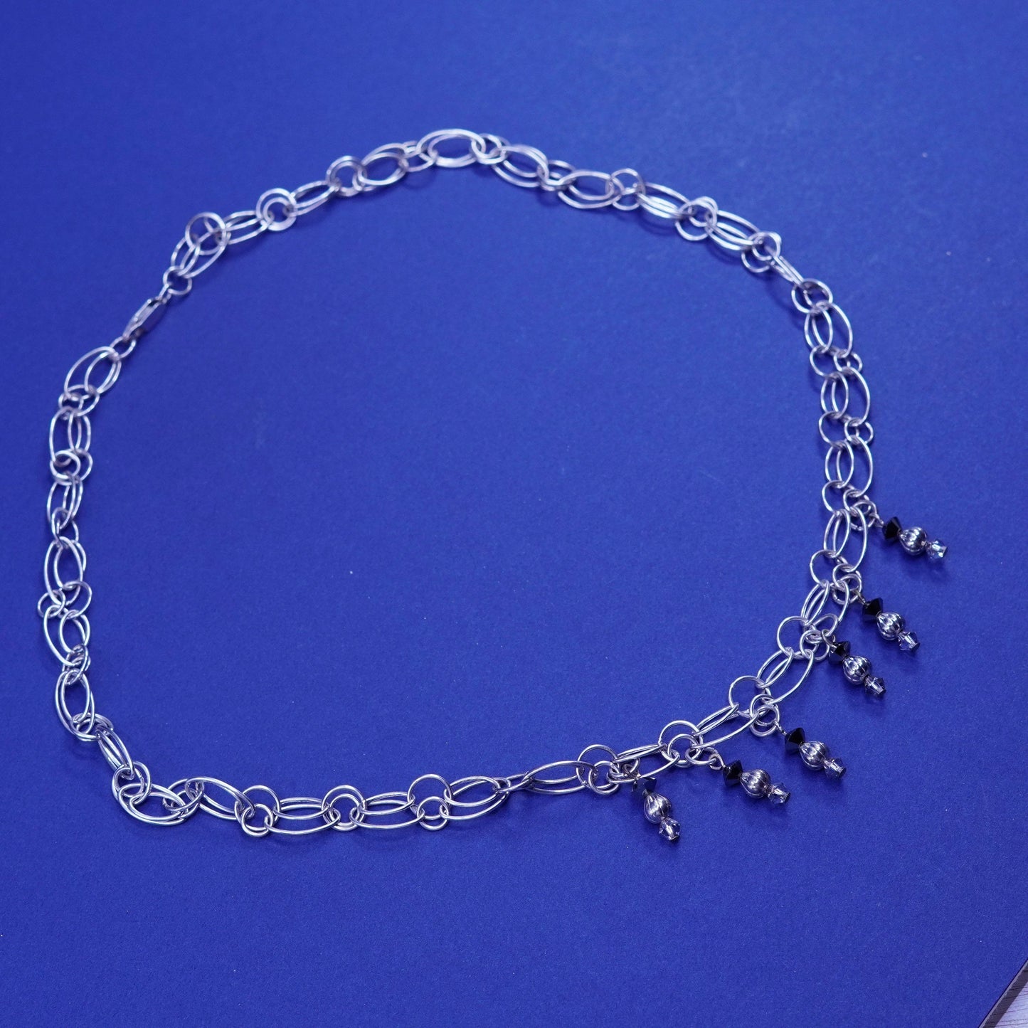 18”, vintage Sterling silver handmade charm necklace, 925 oval chain w/ crystal