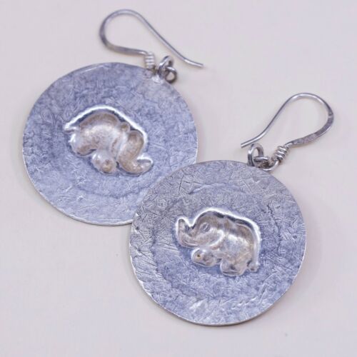 1.25", Vintage Sterling Silver Handmade Earrings, Hammered 925 Elephant Discs