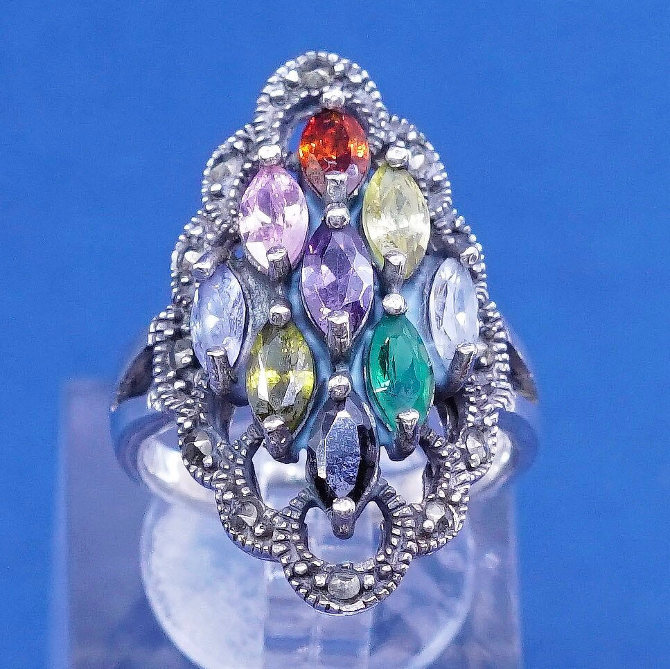 Size 5.75, sterling 925 silver ring, cluster crystal cocktail ring N marcasite
