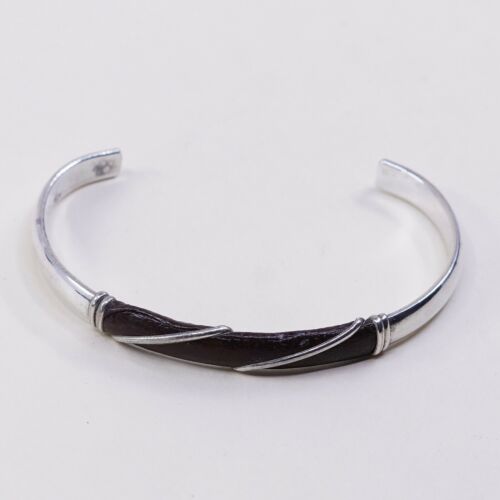 6.75”, Vtg Mexico Handmade Sterling 925 Silver W/ Red Leather Cuff Bracelet
