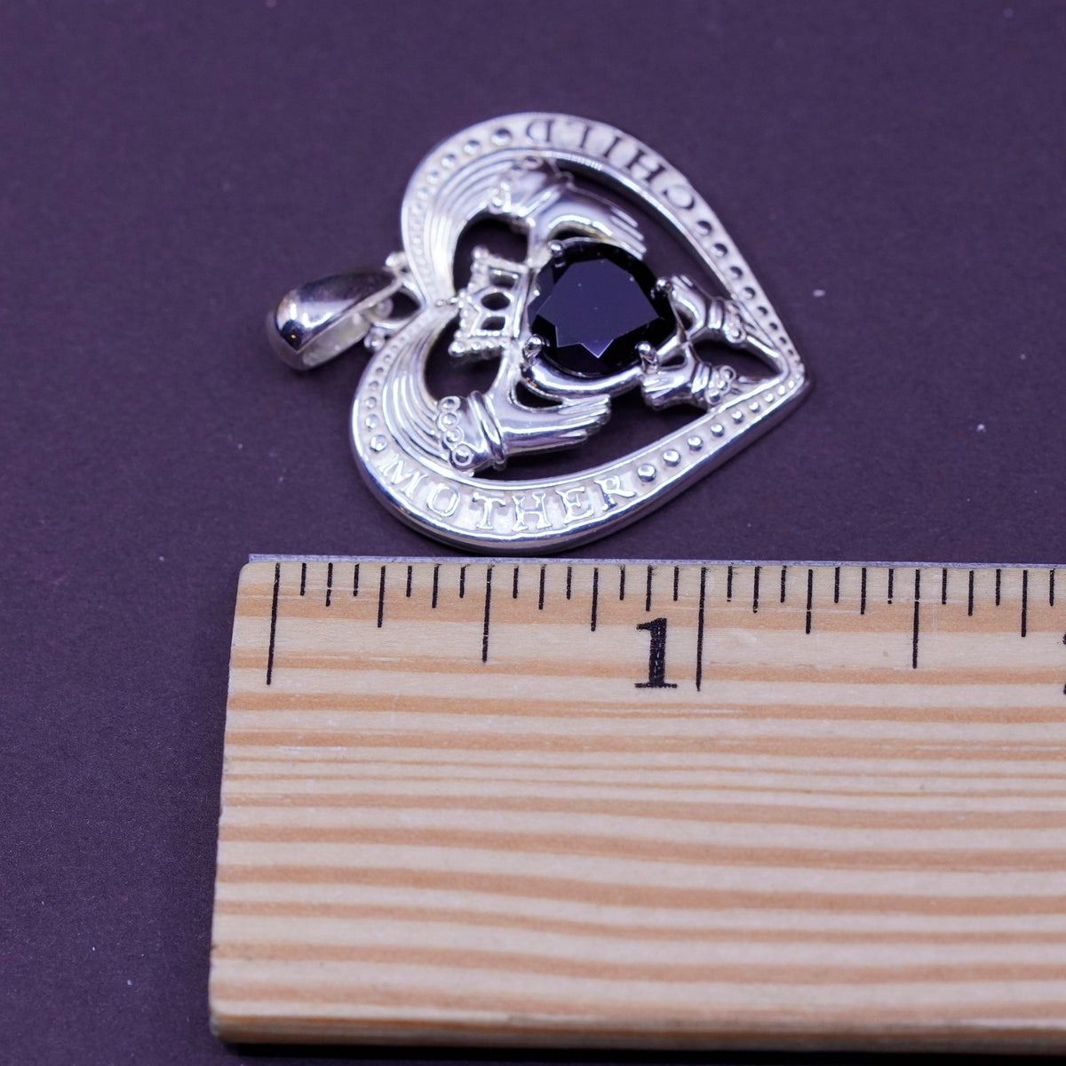 Vintage Ireland sterling silver claddagh pendant, holding heart 925 charm ruby