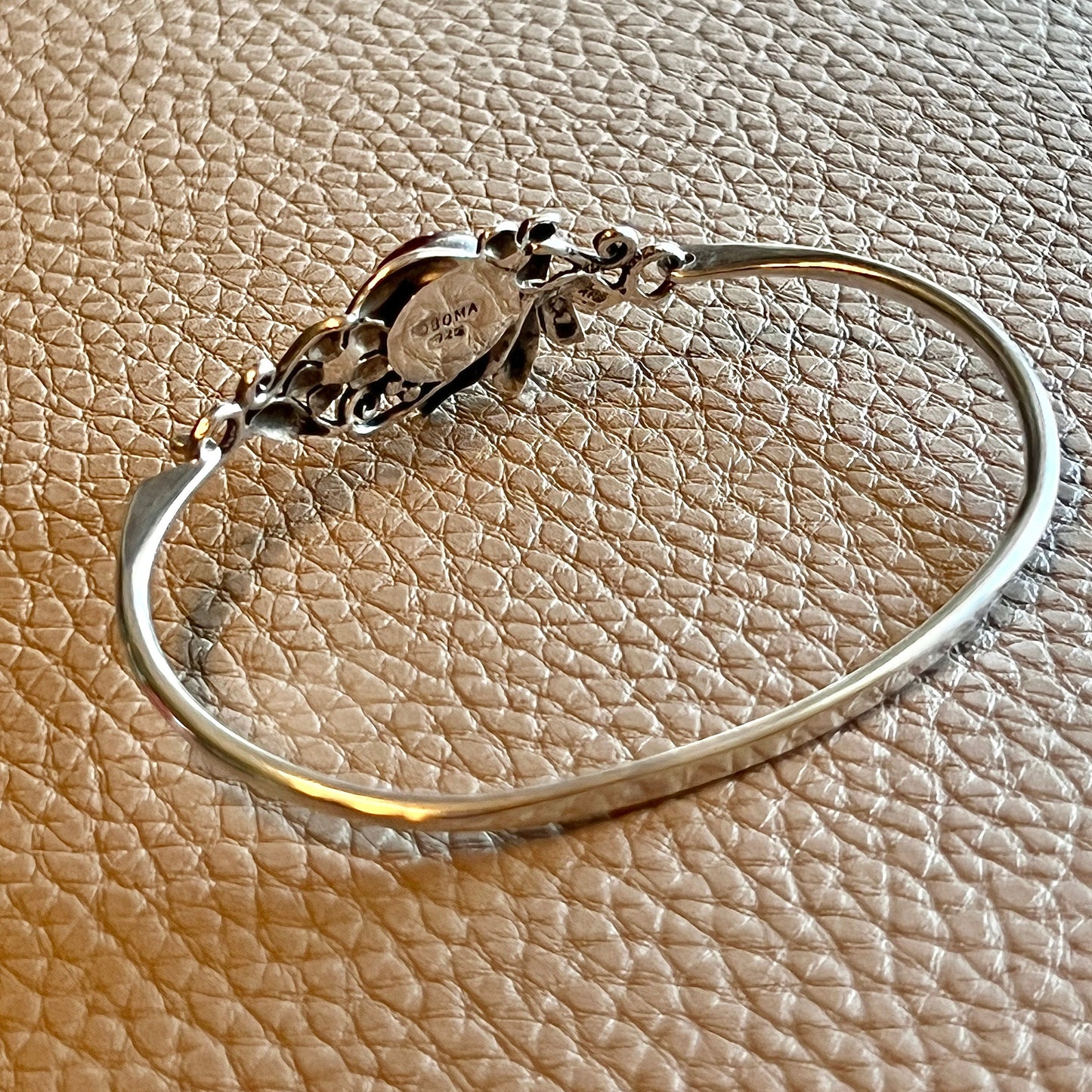 6”, Boma sterling 925 silver handmade tennis leafy bangle bracelet with amber