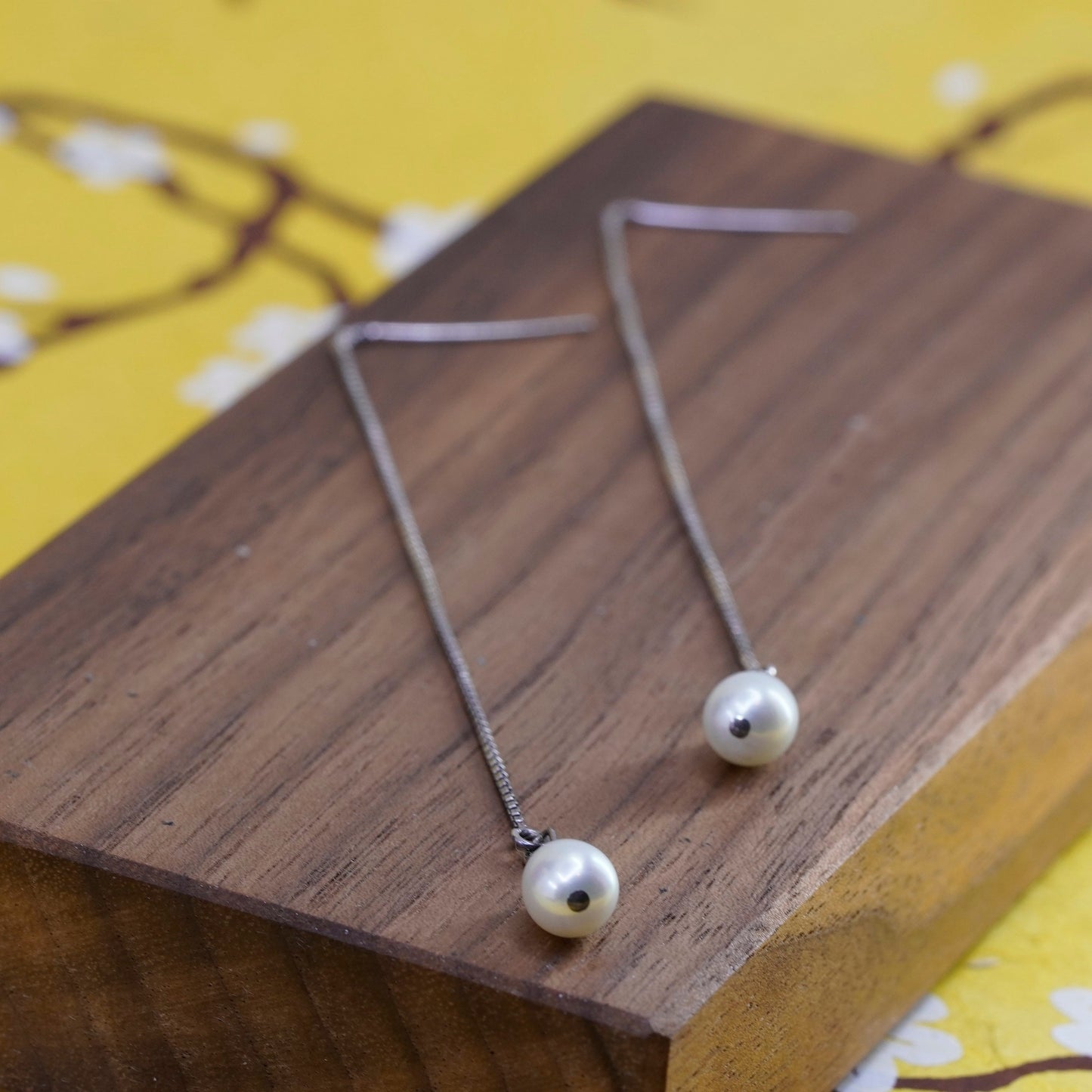 Vintage Sterling silver handmade earrings, long 925 box chain with pearl beads