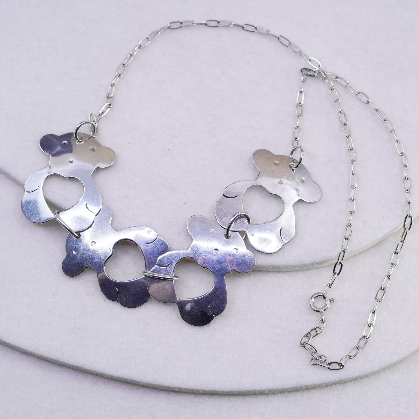 18” Sterling 925 silver handmade elongated chain necklace teddy bear pendant