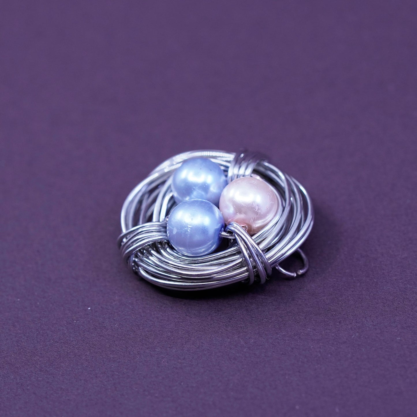 Vintage silver tone handmade pendant, wired bird nest with faux pearl