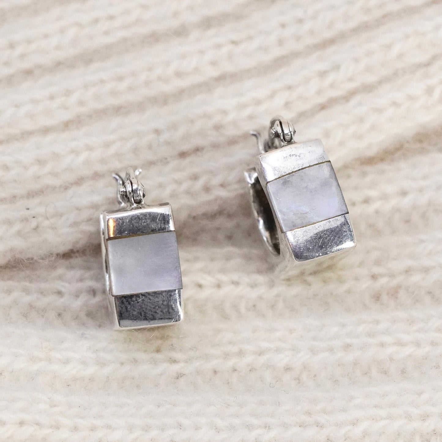 0.5”, sterling silver earrings, square 925 hoops, Huggie with mother of pearl