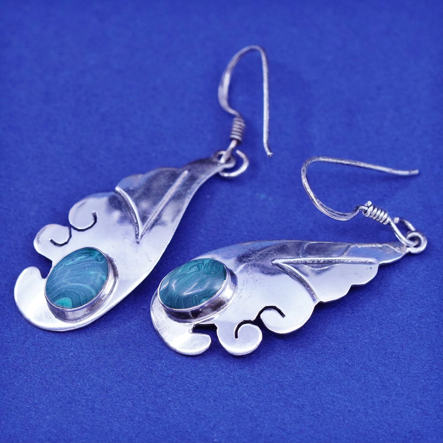 vtg mexico sterling silver handmade earrings, 925 wings dangles oval malachite