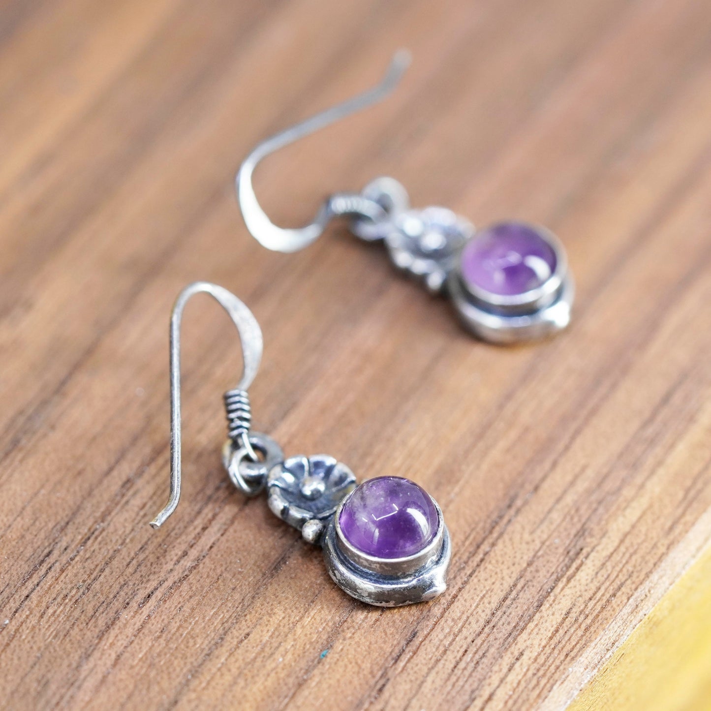 Vintage Sterling 925 silver handmade flower earrings with amethyst