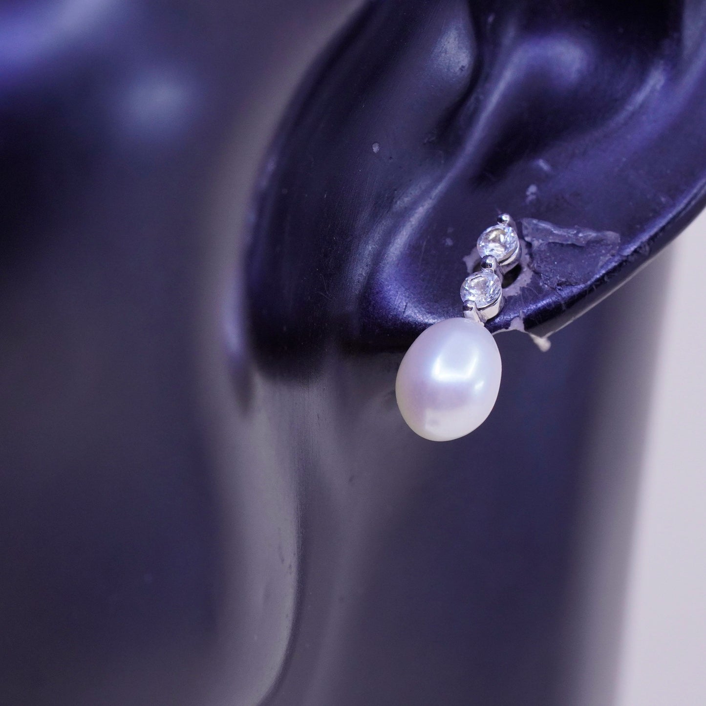 Vintage sterling silver earrings, 925 studs with pearl and cz