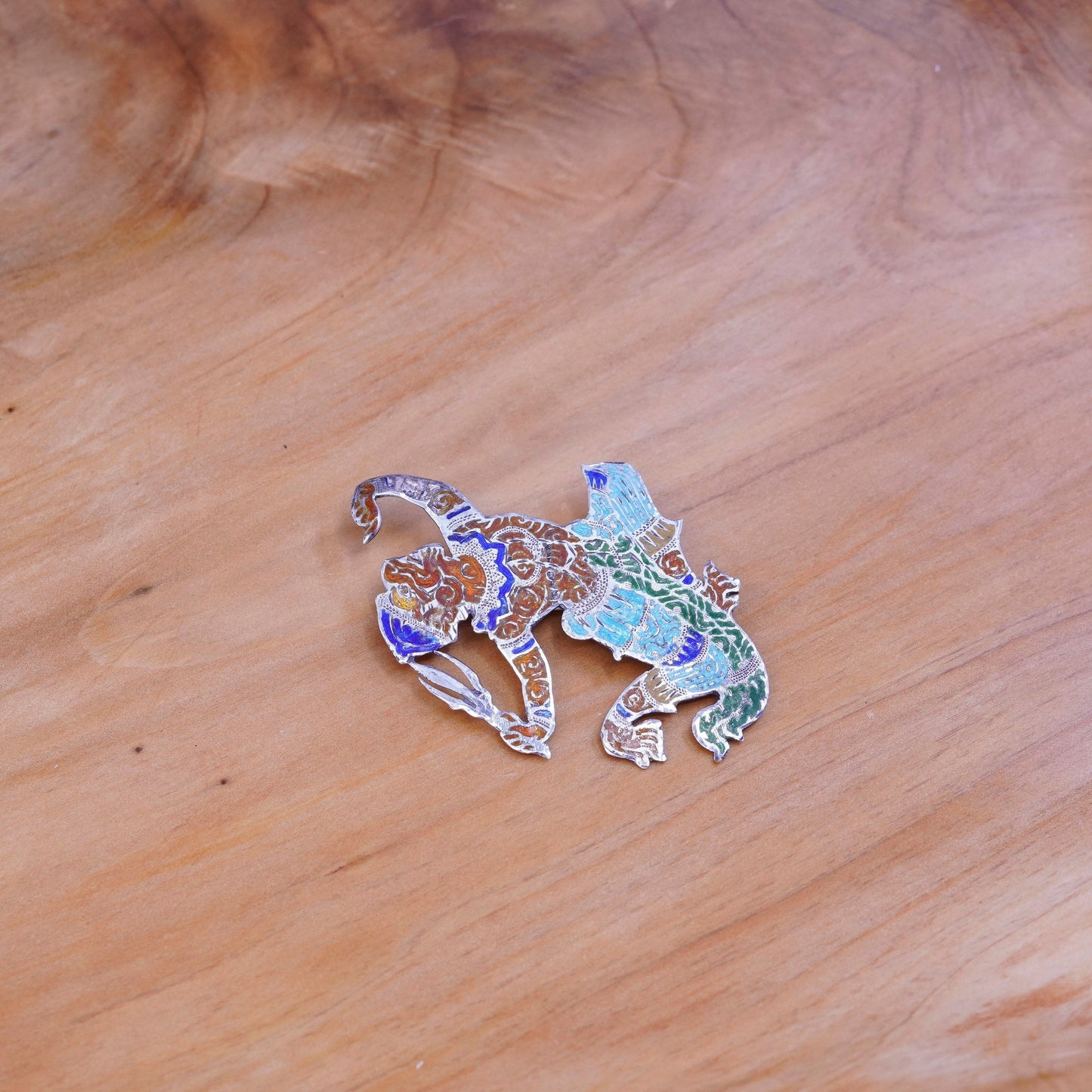 antique Spain handmade sterling 925 silver djinn brooch with enamel inlay