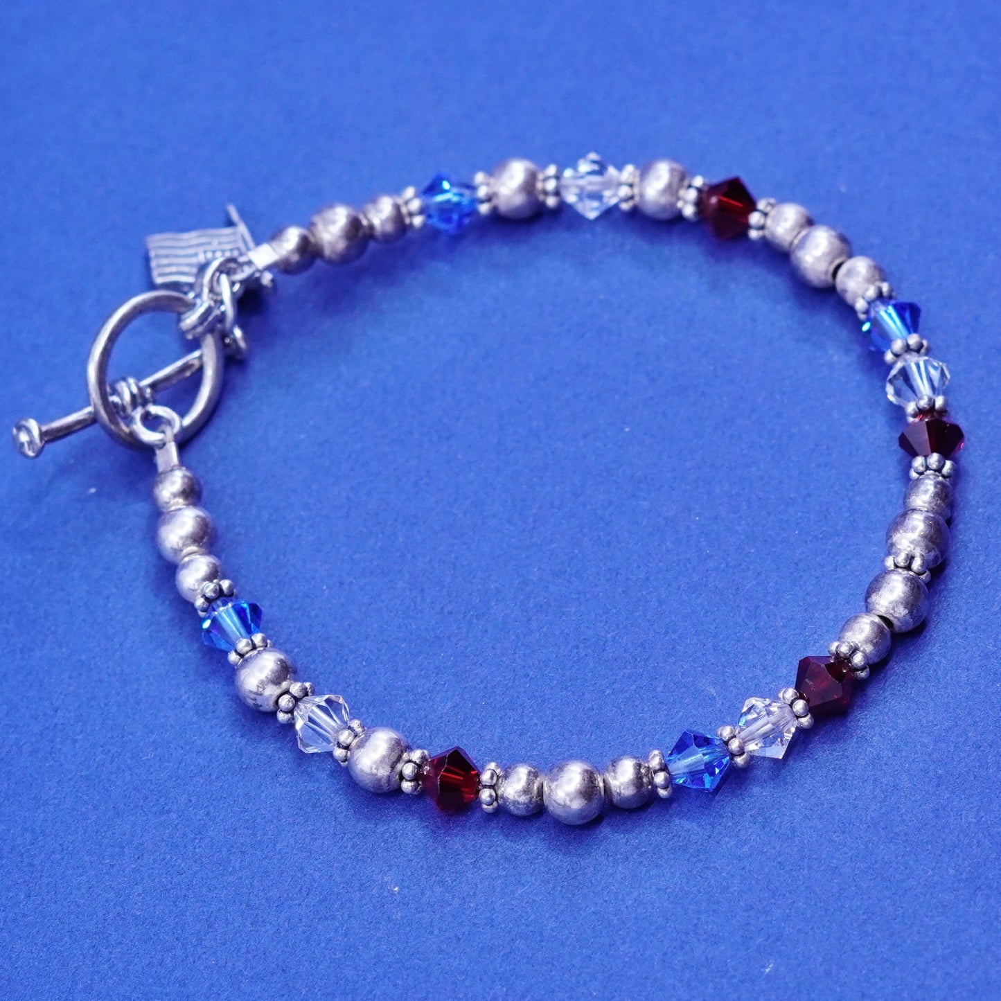 7”, sterling 925 silver handmade beads bracelet w/ crystal American flag charm