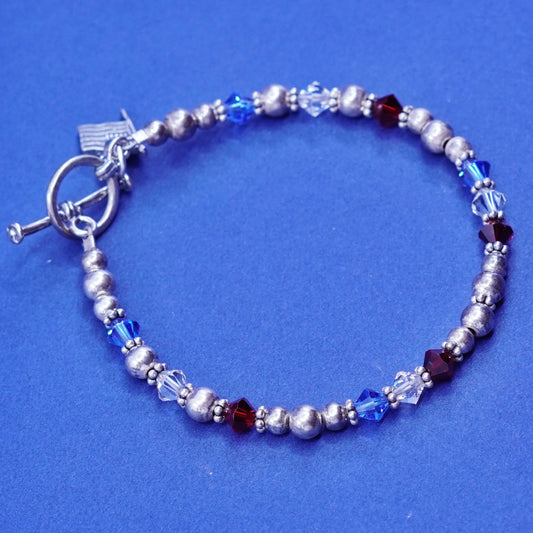 7”, sterling 925 silver handmade beads bracelet w/ crystal American flag charm