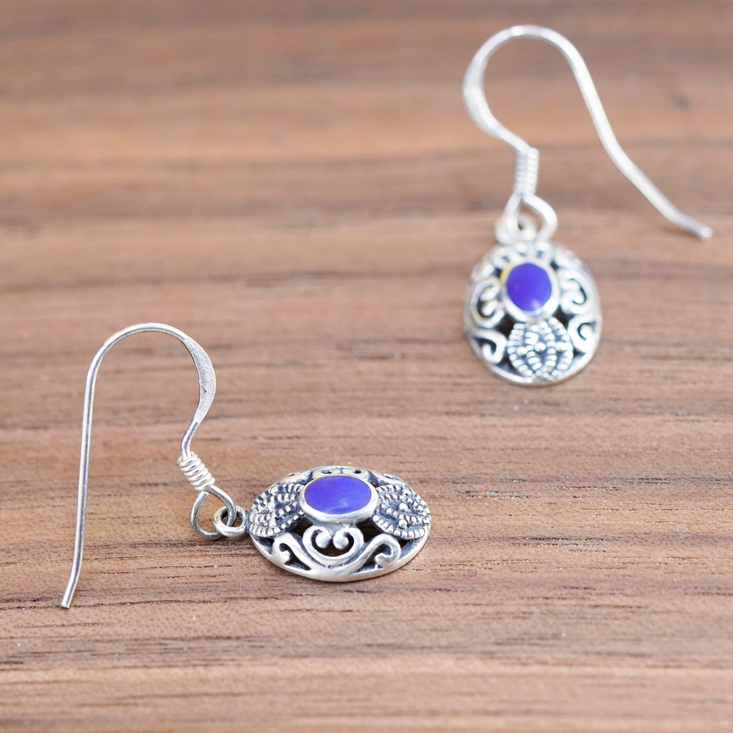 Vintage Sterling 925 silver handmade filigree oval earrings with blue onyx