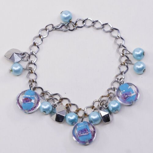 7.5”, Vtg Antique Silver Tone Handmade Bracelet W/ Blue Pear N Foiled Glass