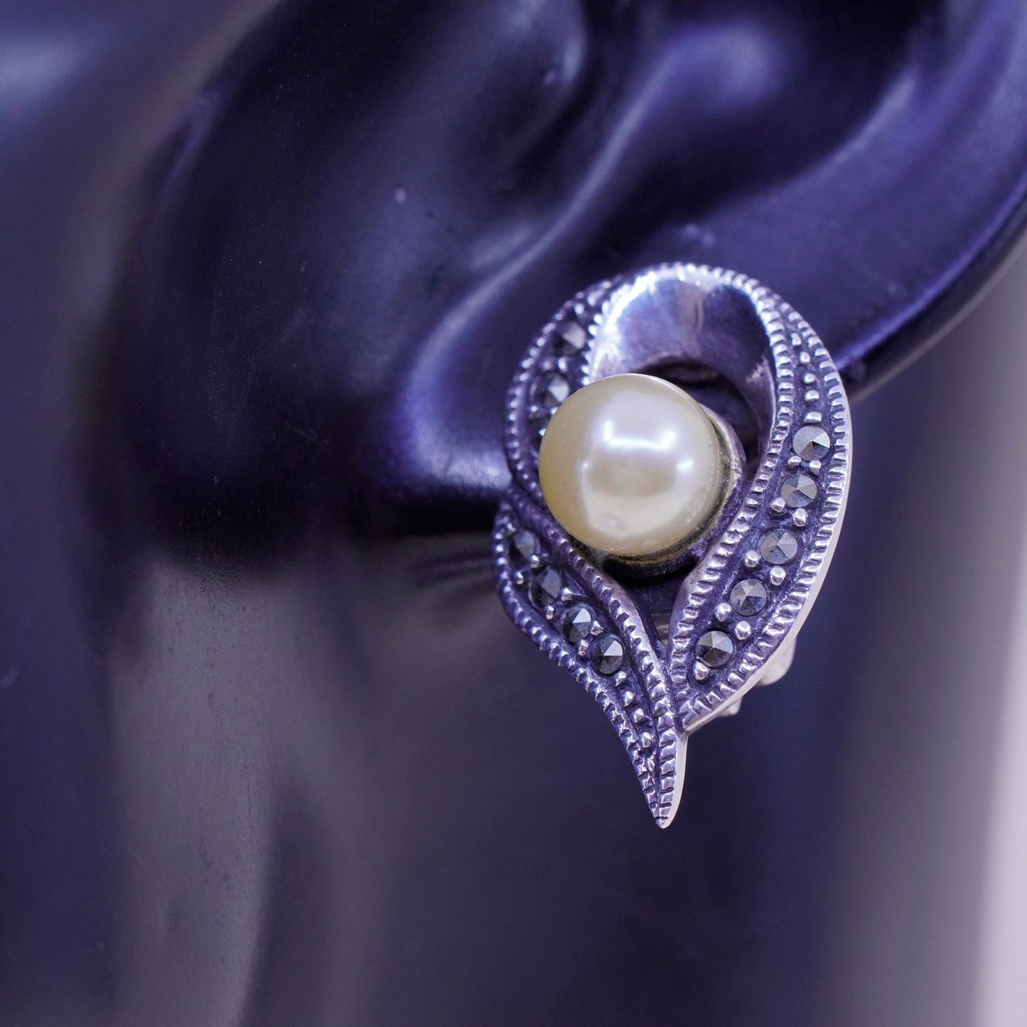 Sterling 925 silver handmade filigree clip on earrings with pearl and Marcasite