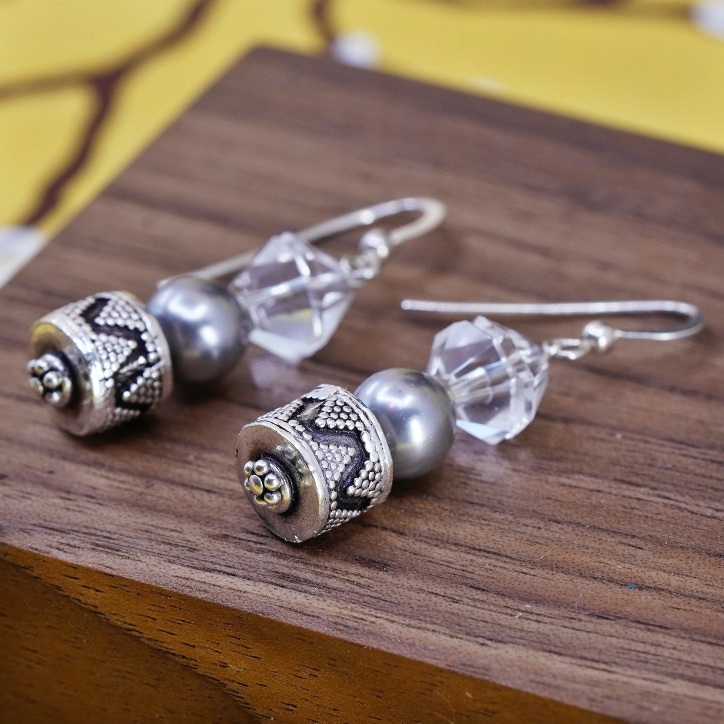 Vintage sterling silver handmade earrings, 925 Bali beads with pearl crystal