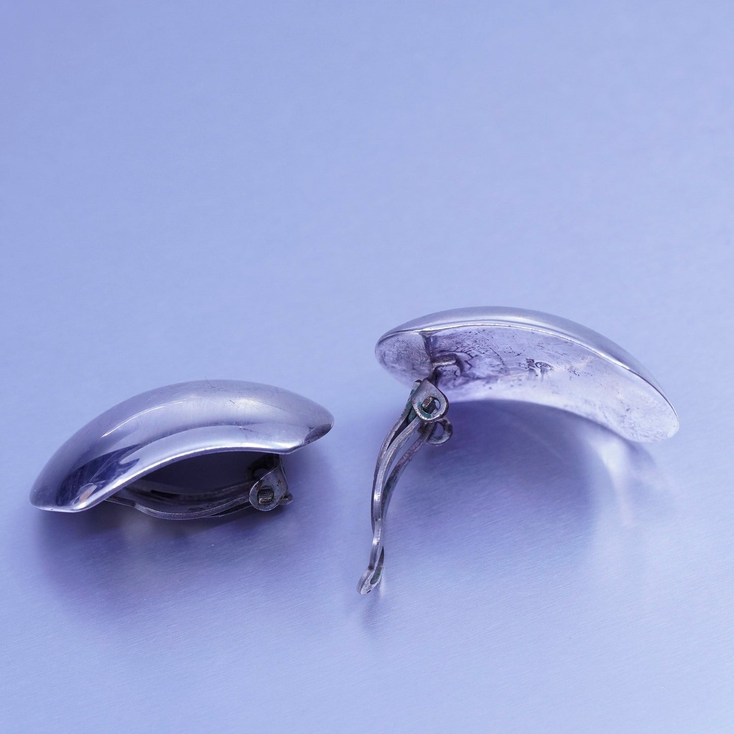 Vintage Sterling 925 silver handmade earrings, simple round oval clip on