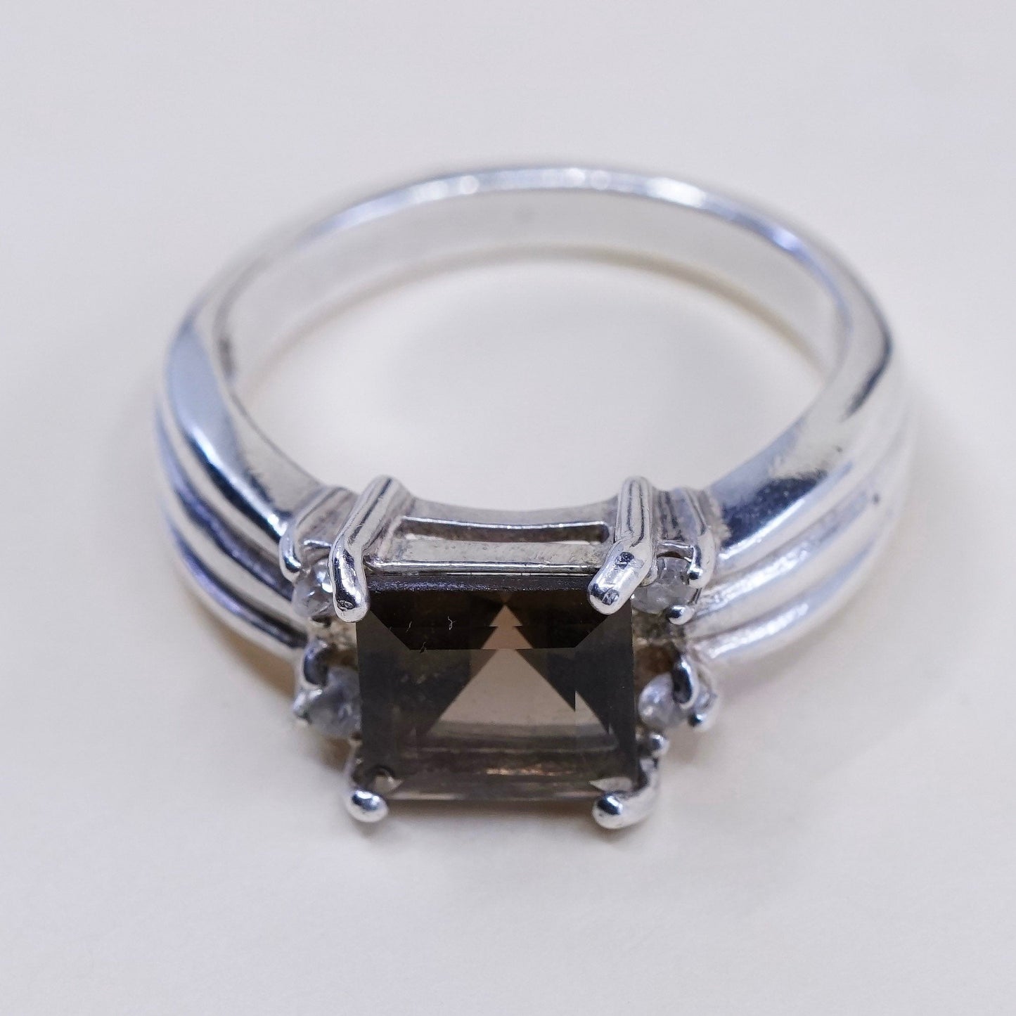 sz 8.25, sterling silver handmade ring, 925 statement ring w/ smoky topaz N Cz