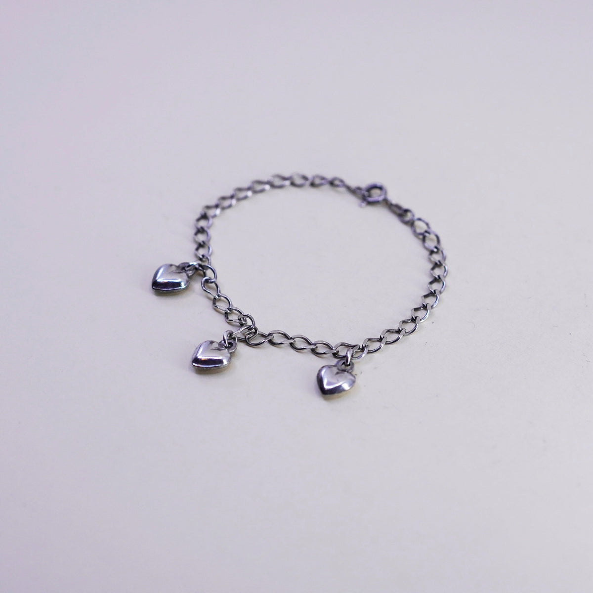 7”, 5mm, Vintage sterling silver curb bracelet, 925 chain with heart charms