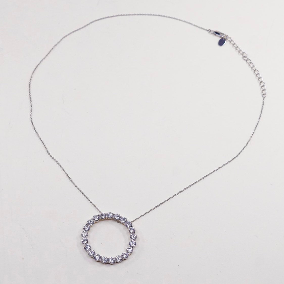 16+2”, vtg Sterling silver necklace 925 circle chain w/ circle pendant N Cz