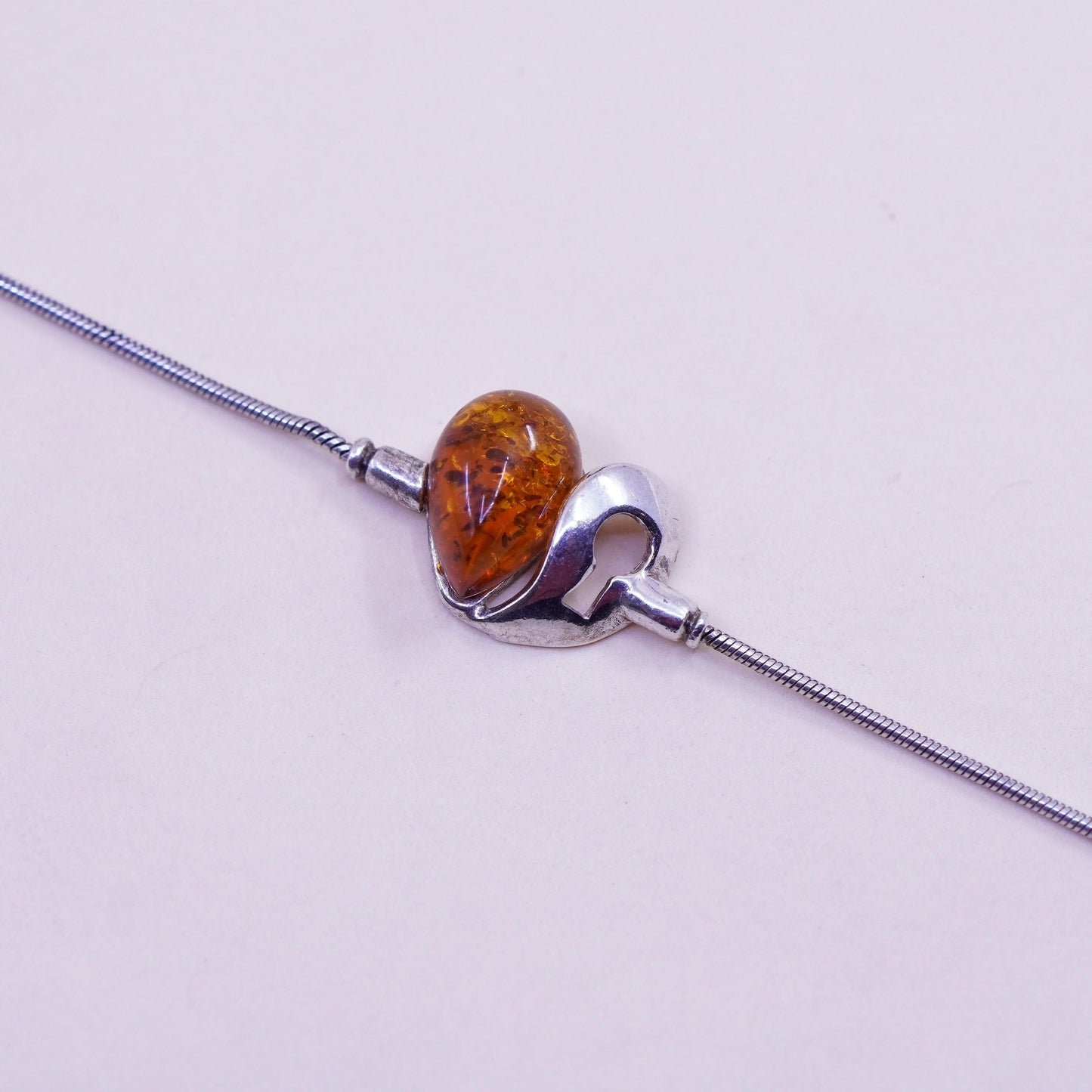 7.25”, Vintage sterling 925 silver handmade bracelet with amber heart and key