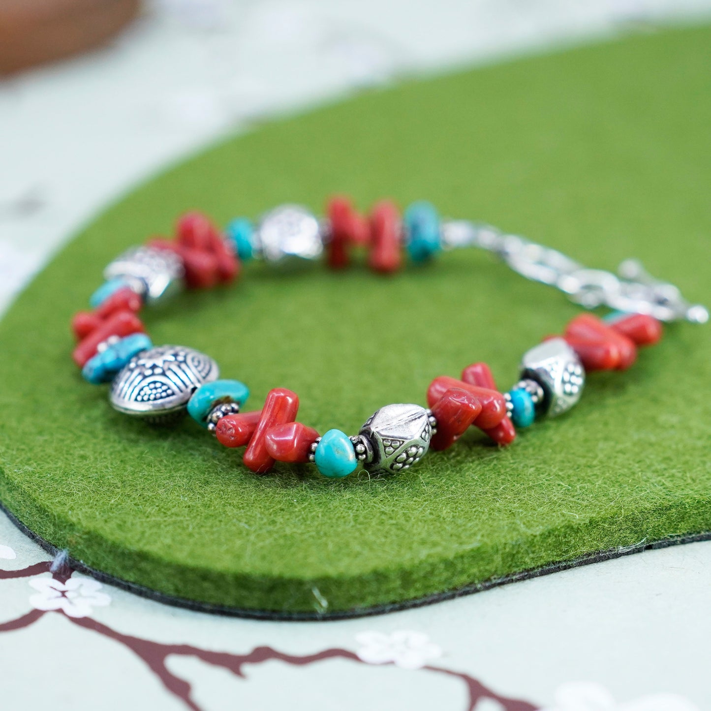 7+0.5”, southwestern Sterling 925 silver bracelet with turquoise coral beads