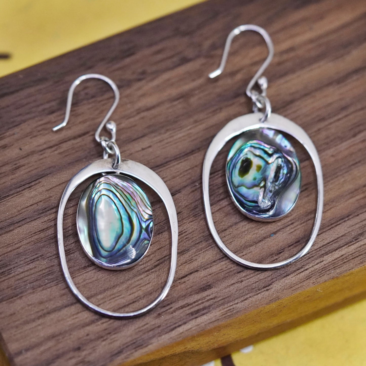 Vintage Sterling 925 silver handmade earrings with oval abalone