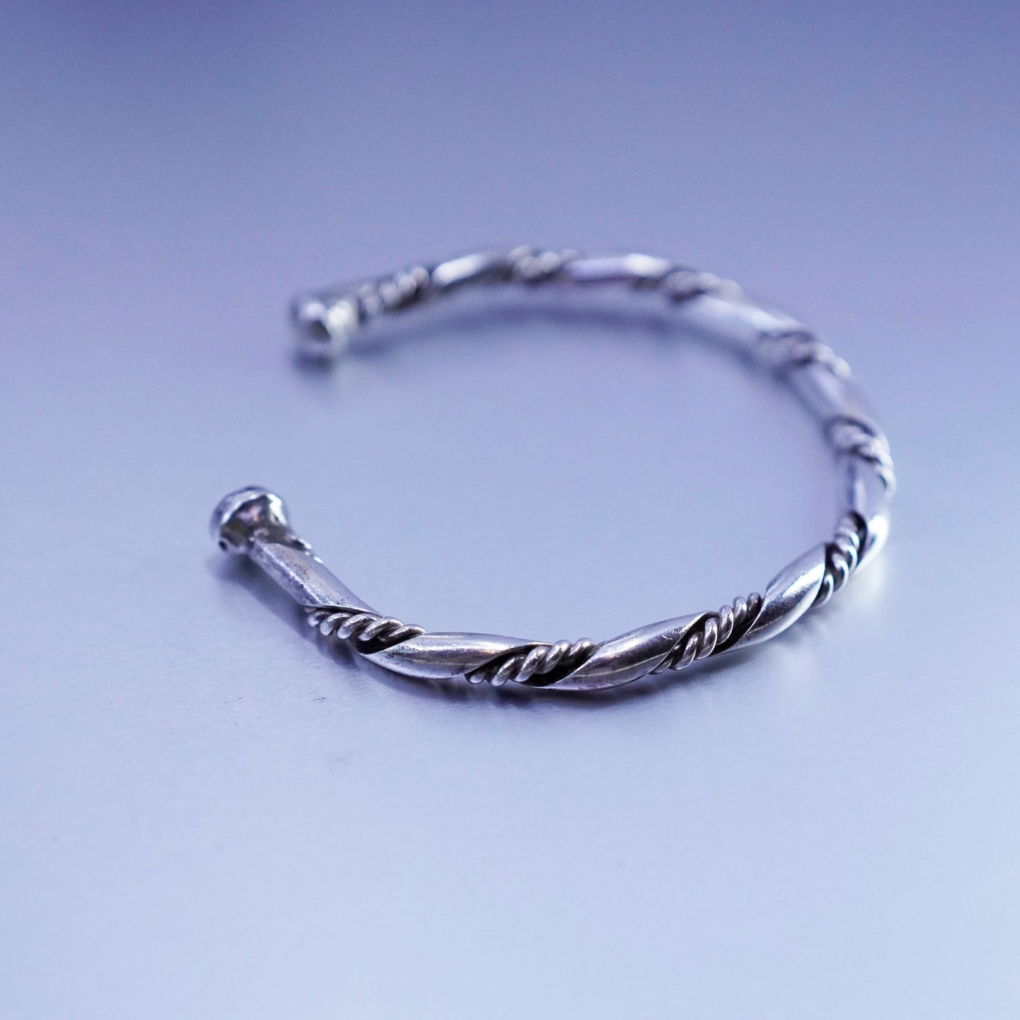 6.75”, Sterling 925 silver handmade bracelet, twisted cable cuff with bead ends