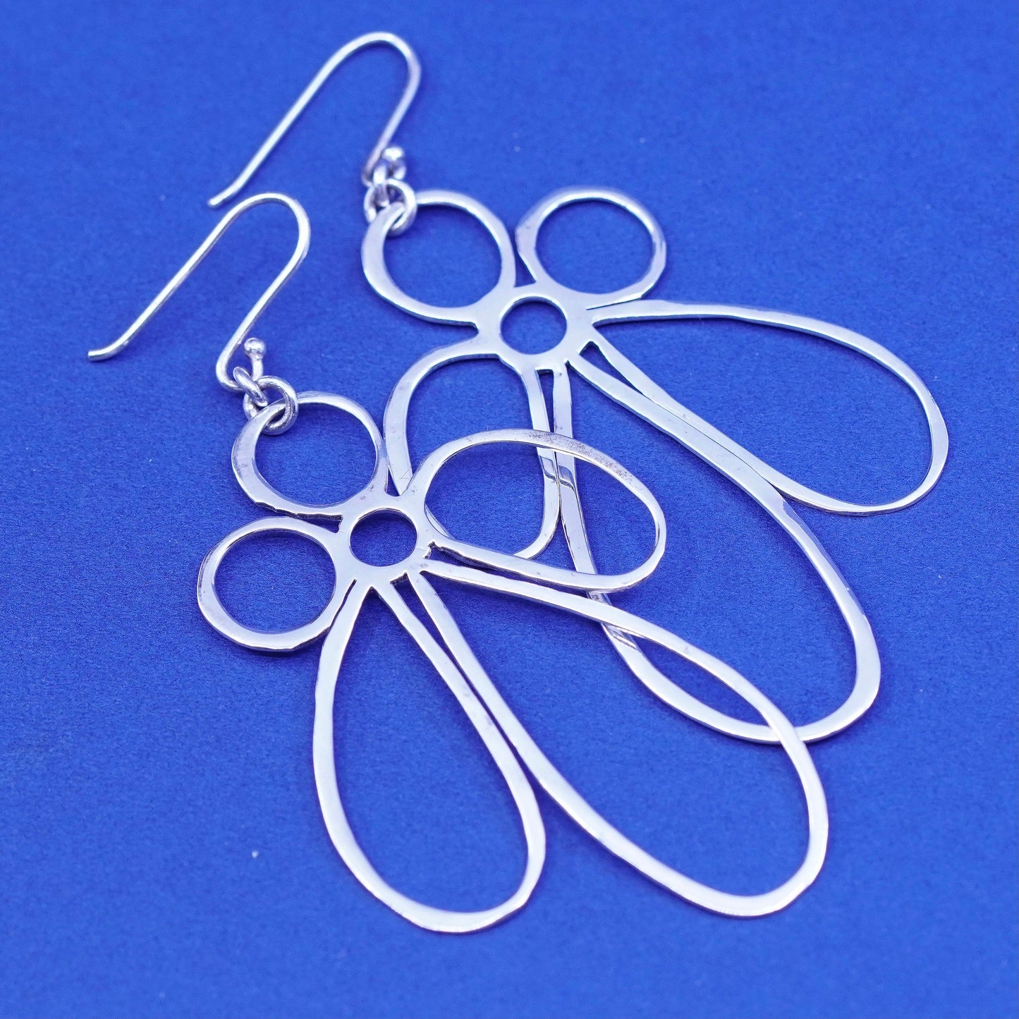Vintage Sterling silver handmade earrings, huge 925 flower drops