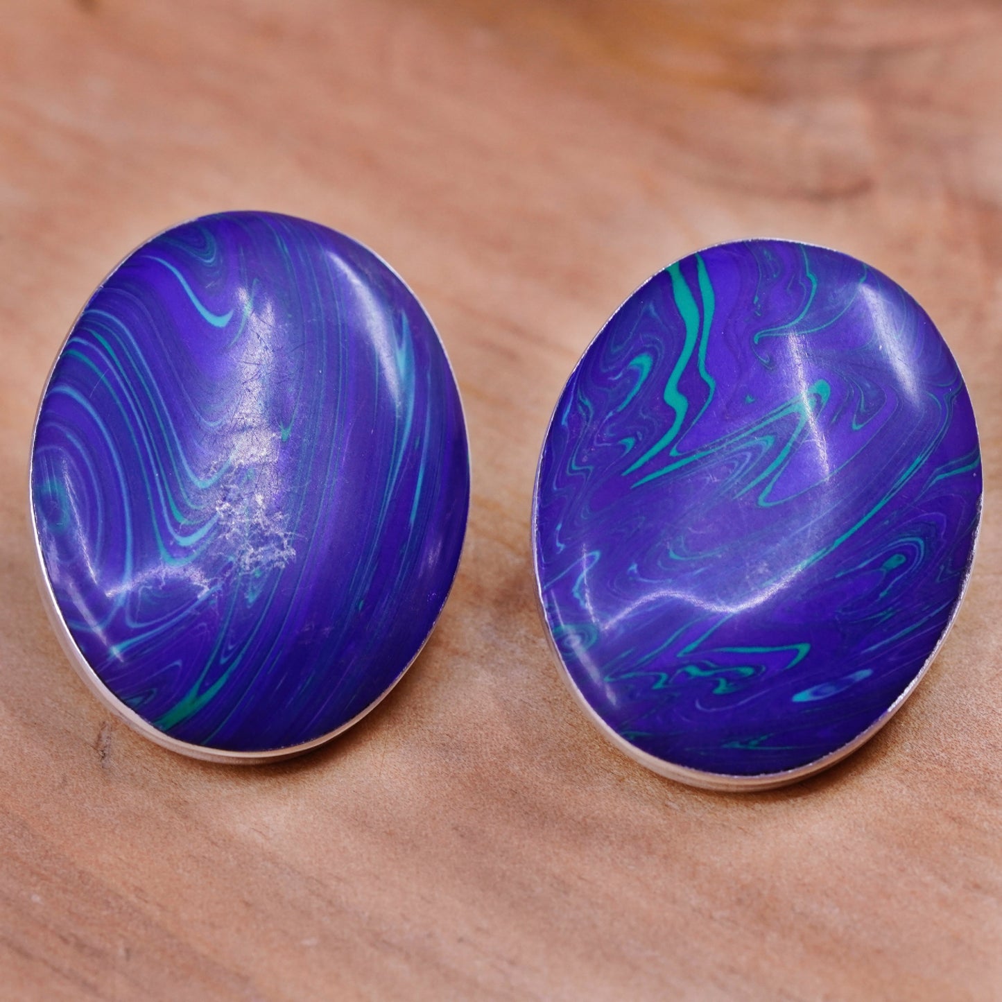 Mexico Sterling silver handmade clip on, 925 modern oval earrings blue resin