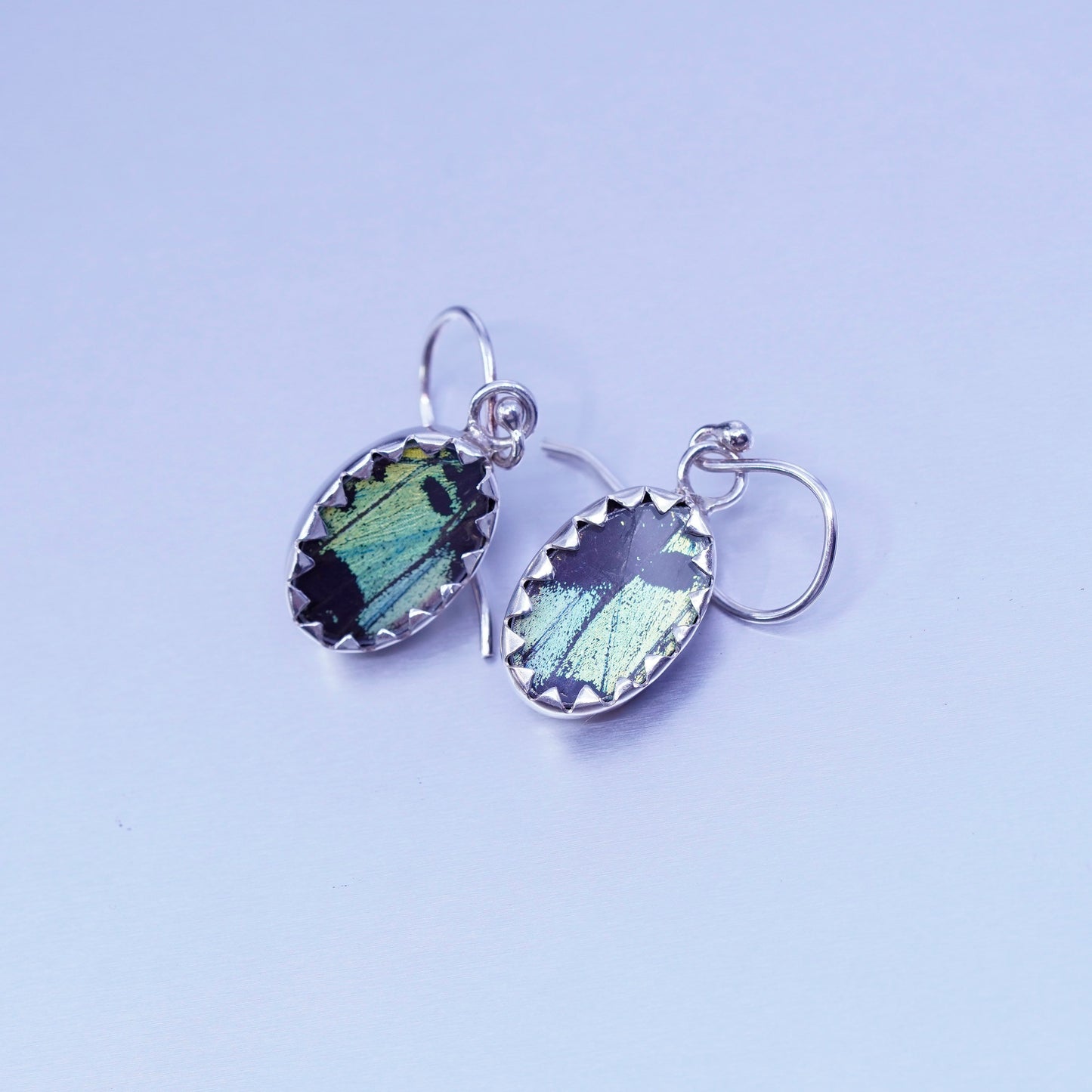 Vintage Sterling 925 silver handmade earrings with oval resin butterfly wings