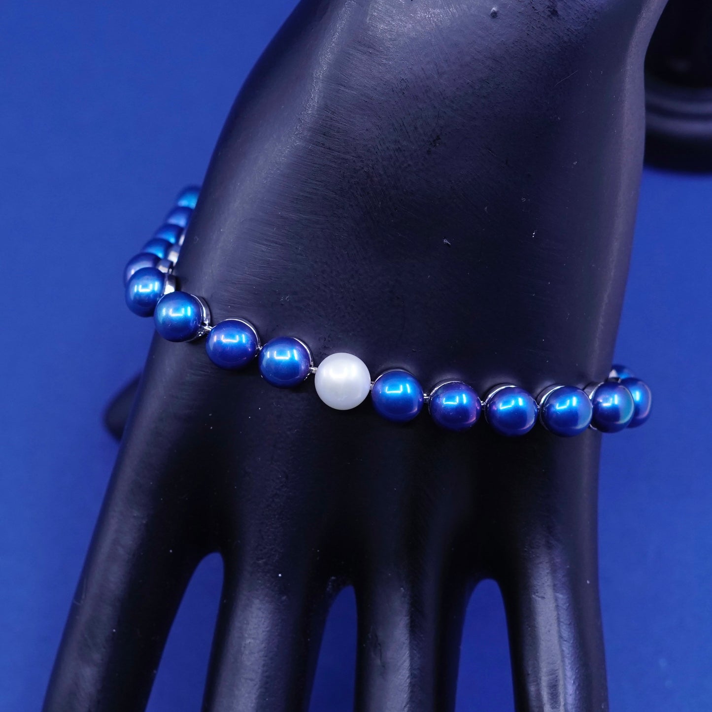 8”, sterling 925 silver handmade tennis bracelet, genuine blue freshwater pearl