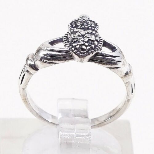 Sz 4, Vtg Solvar Sterling Silver Handmade Ring, 925 claddagh Heart W/ Marcasite