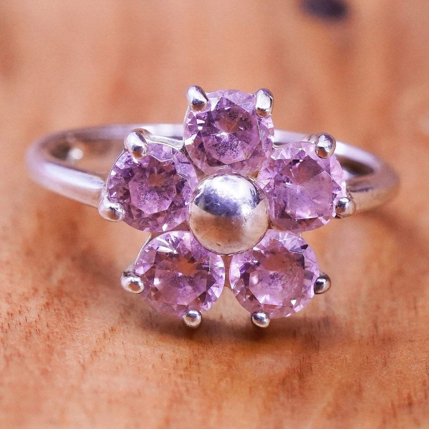 Size 8.25, vintage Sterling 925 silver handmade ring with pink cz flower