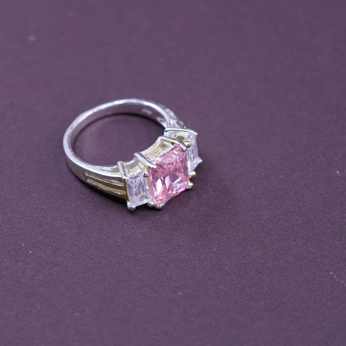 Size 7, vintage Sterling 925 silver ring with pink crystal and clear cz