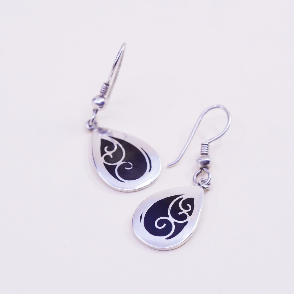 Vintage Sterling silver handmade earrings, 925 teardrop drops with enamel
