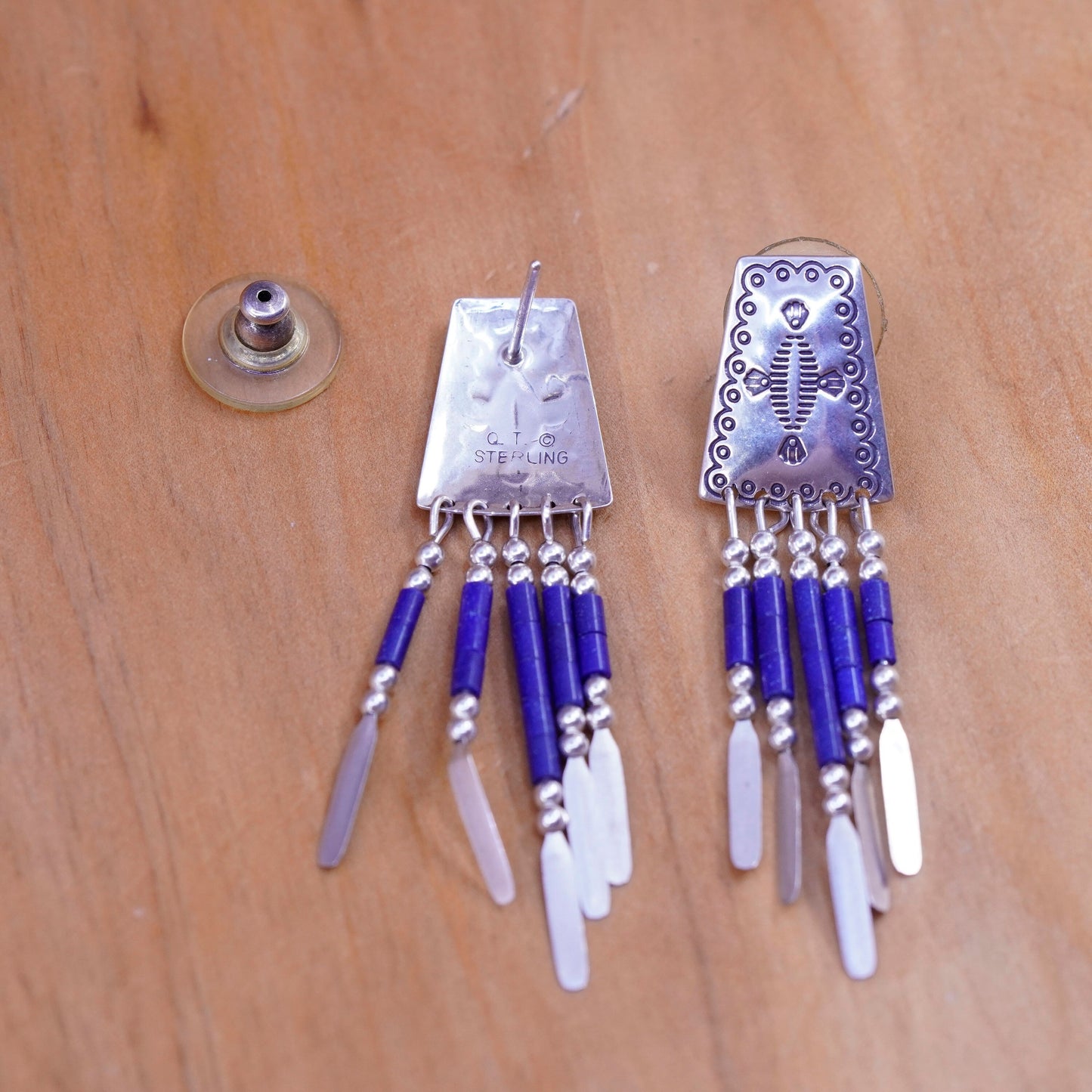 Quoc Turquoise Q.T. Sterling Silver Handmade Earrings, 925 lapis lazuli fringe
