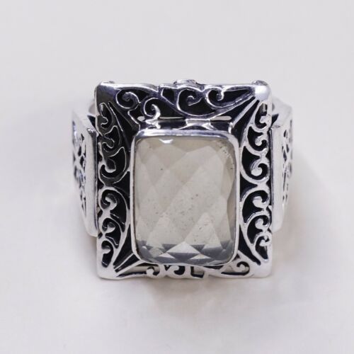 Sz 9, Vtg Sterling Silver Handmade Ring, 925 W/ Checker Cut Chalcedony Aqua