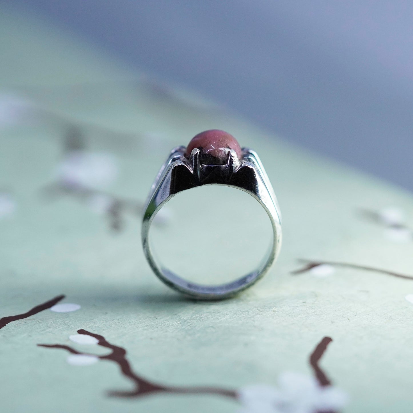 Size 8, sterling silver ribbed ring, southwestern 925 band Mahogany Obsidian