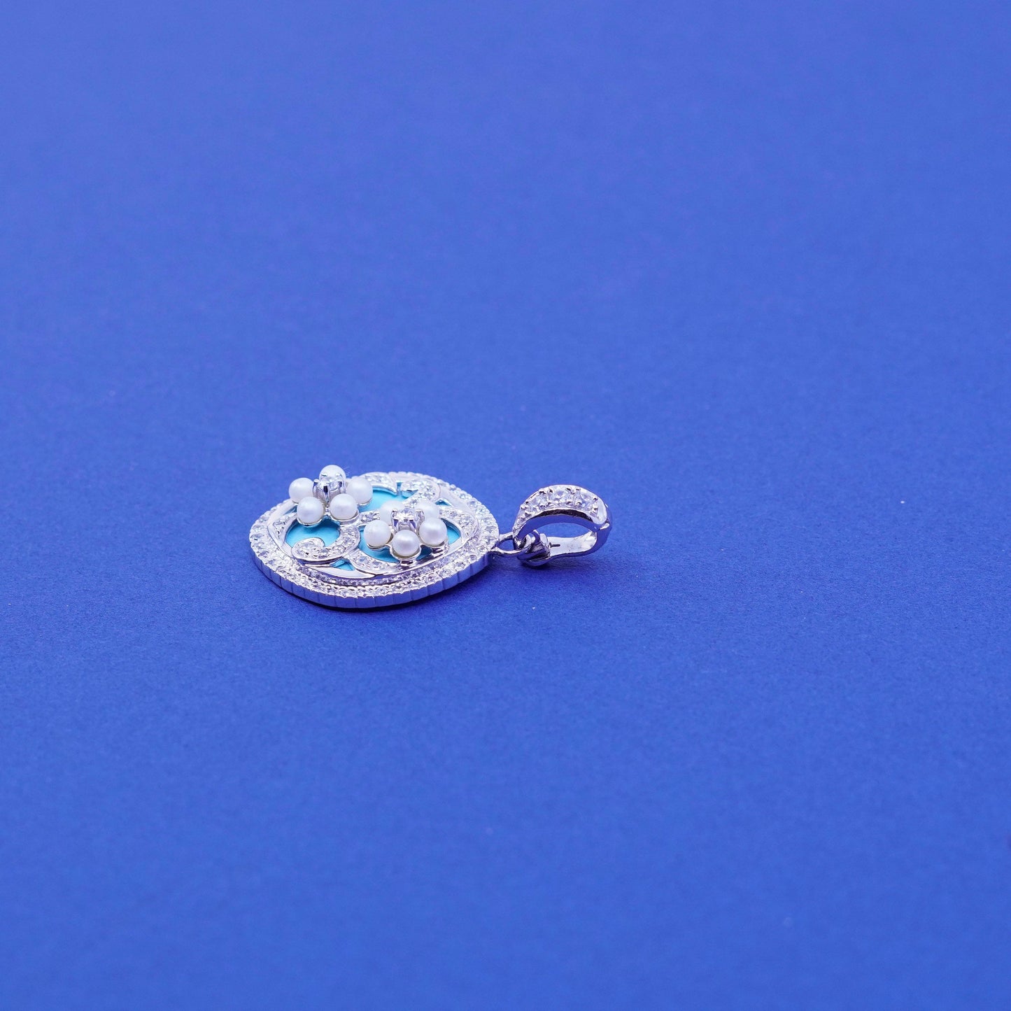 Vintage sterling 925 silver handmade pendant with pearl flower and turquoise Cz