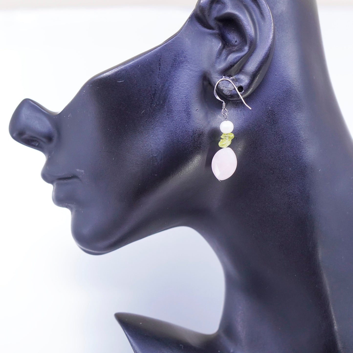 Vintage Sterling 925 silver handmade earrings with pink rose quartz