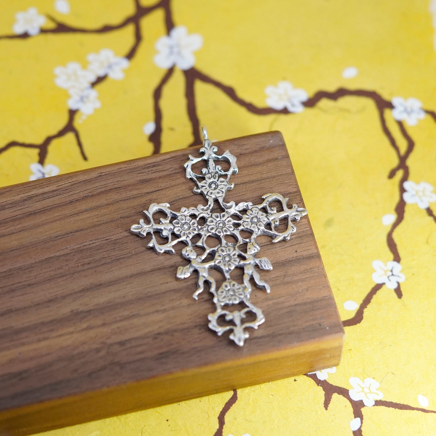 Vintage Sterling silver handmade pendant, 925 filigree cross with angel