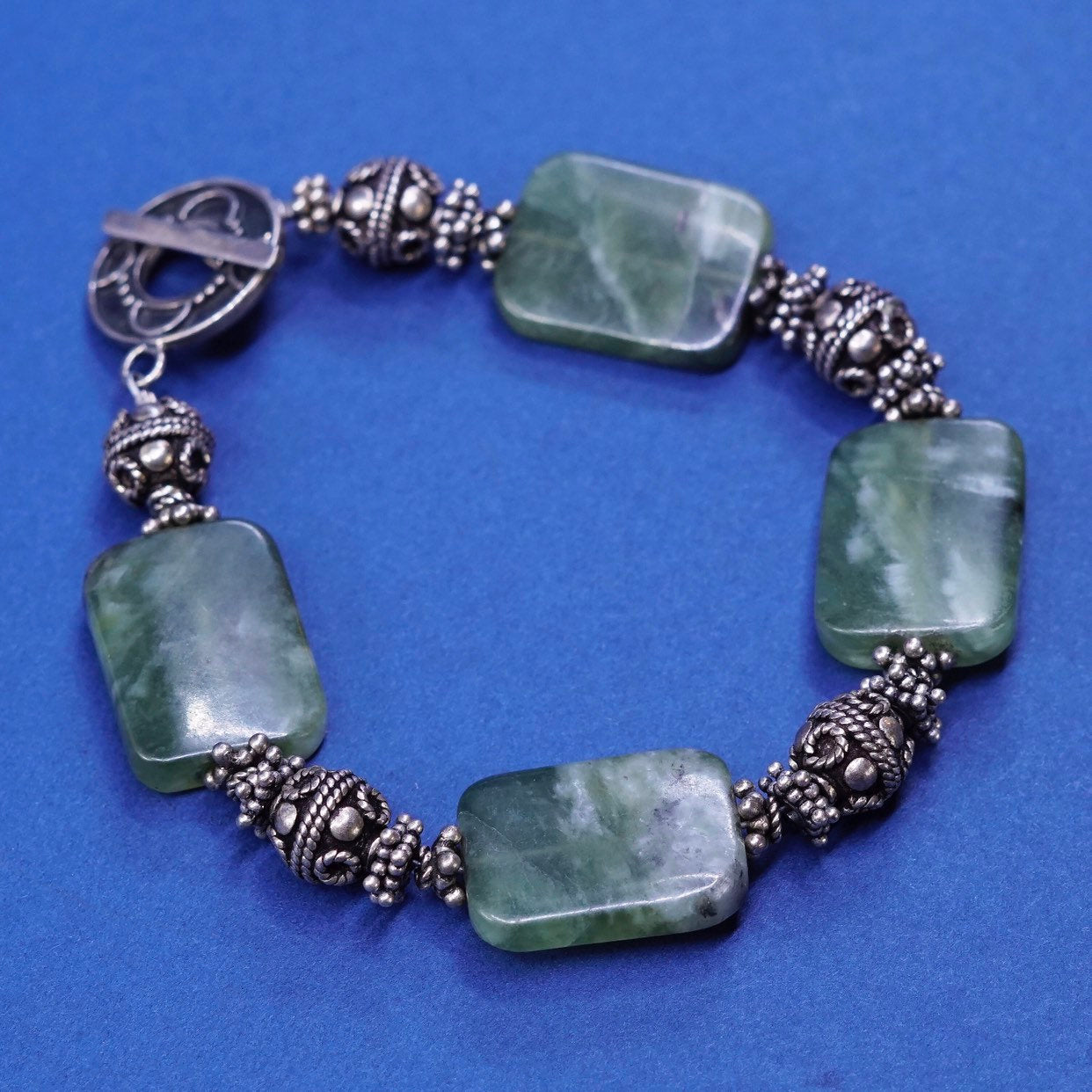 7", vtg Sterling silver handmade bracelet, 925 bar w/ jade