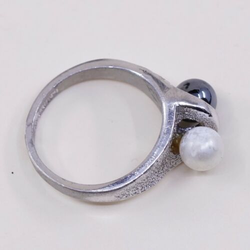 Size 6.75, Vtg ESPO Sterling 925 Silver Ring with Hematite N Pearl, Stamped Ster